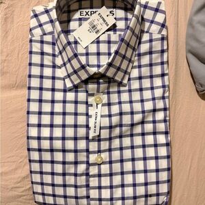Express Men's Purple and White Plaid Shirt